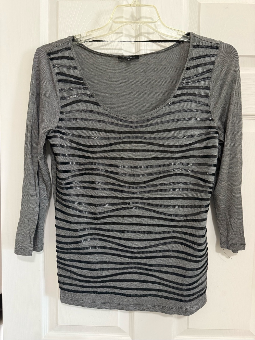 Lafayette 148 New York Gray Scoop Neck Long-Sleeve Top with Black Sequins